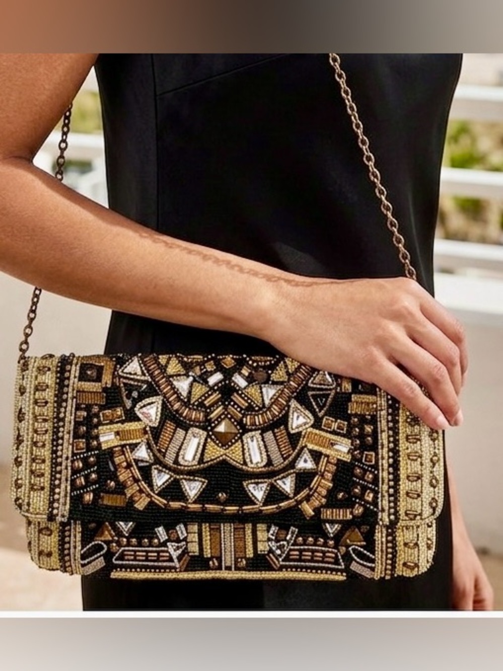 CLUTCH Black and Gold Embellished Clutch with or without chain.